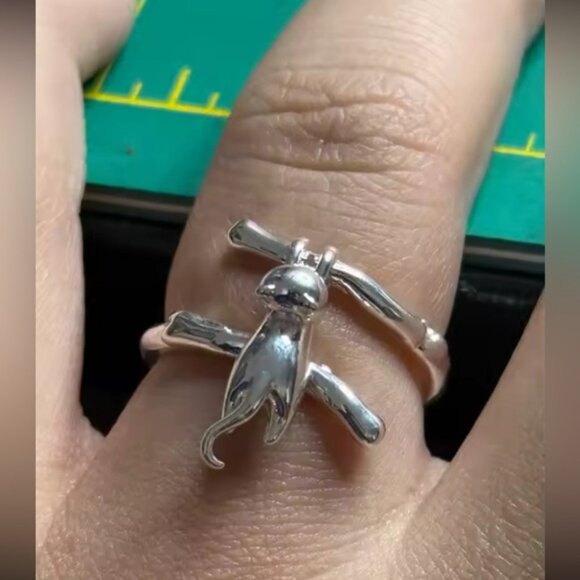 Cat Silver Hanging Ring – Adjustable Silver Animal Lover Jewelry - Picture 4 of 9